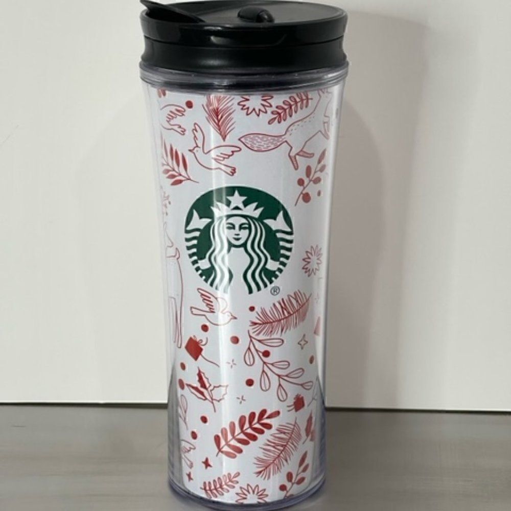 Starbucks Christmas Holiday Acrylic Travel Mug Tumbler 16oz Red White w/ Animals